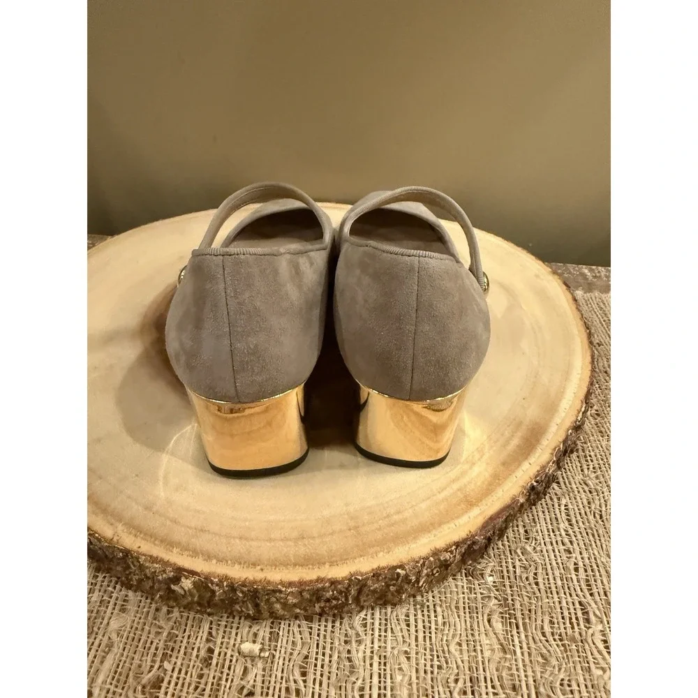 Tory Burch Marisa 40mm Mary‎ Jane Pump in Grey Suede Strap Gold Accent Sz-7 298$